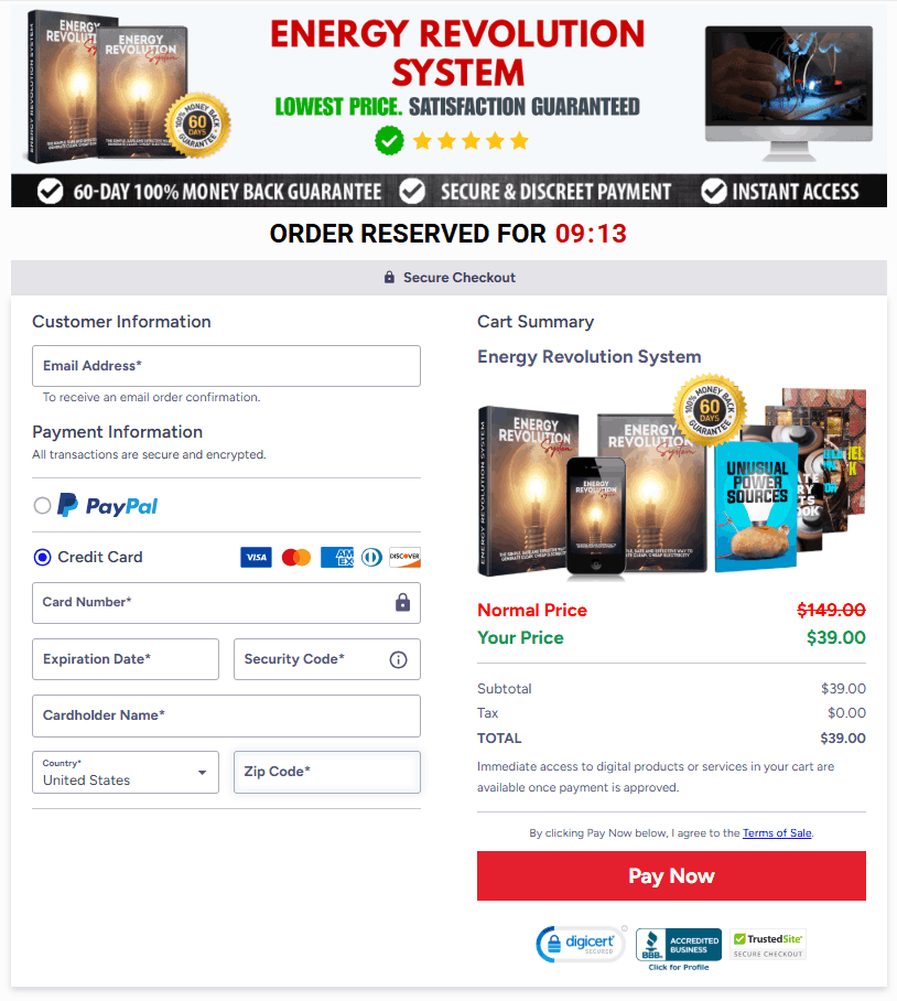 Energy Revolution System secure checkout page